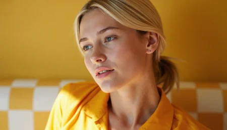 Photorealistic cinematic photograph Subject: A close-up of Isabel Lucas as Pauline, wearing a vibrant yellow blouse, her platinum blonde hair styled in a loose bun. Her expression is reflective, her eyes gazing slightly to the side, with soft light casting subtle shadows on her face. Background: A warm, retro-inspired checkered yellow wall, softly out of focus to emphasize her face. Lighting: Natural, diffused lighting illuminating her features with a warm glow, blending seamlessly with the yellow-toned background. Color Palette: Warm yellows, golden hues, pale ivory, with soft shadows. Camera: Close-up shot, centered composition, with a shallow depth of field that highlights her face while softly blurring the background. Lens: 85mm portrait lens for detailed facial focus and creamy bokeh in the background. Render: HDR, 8K resolution, hyper-detailed textures in skin and fabric, natural lighting reflections. Keywords: (photorealistic:1.3), (vintage-inspired:1.2), (emotional depth:1.2), (cinematic lighting:1.2), (soft focus:1.1) 