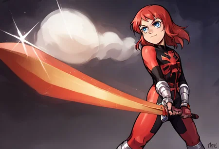 score_9, score_8_up, score_7_up, solo, 1girl, female focus, source_cartoon, 2D, solo, julie_power, red hair, blue eyes, flat chest, super_suit, chest logo, sunrise stance, holding weapon, SWORD, STANDING, dark dungeon, darkness, a background of dark dungeon, smirk,