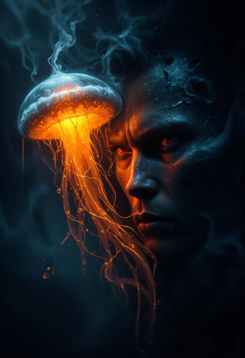 An electrifying fire jellyfish in a dramatic, chiaroscuro-style. One side of his face is dimly lit while the other half is obscured in deep dark shadow. His expression is dark and mysterious with mystifying eyes seeming to hold untold secrets.