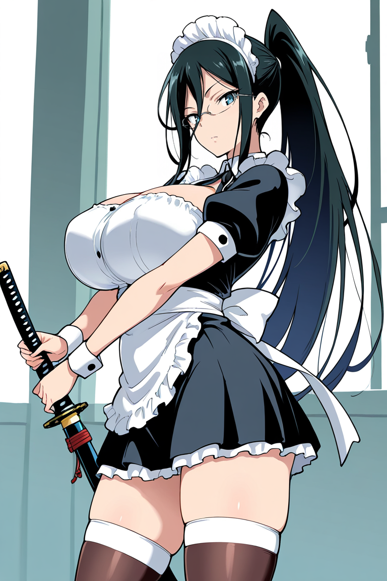 Masterpiece, source_anime,  1girl, black hair , sword, breasts, weapon, solo, glasses, katana, skirt, thighhighs, long hair, ponytail, , holding sword, holding, holding weapon, looking at viewer, huge breasts, hair between eyes, maid dress, puffy sleeves , short sleeves