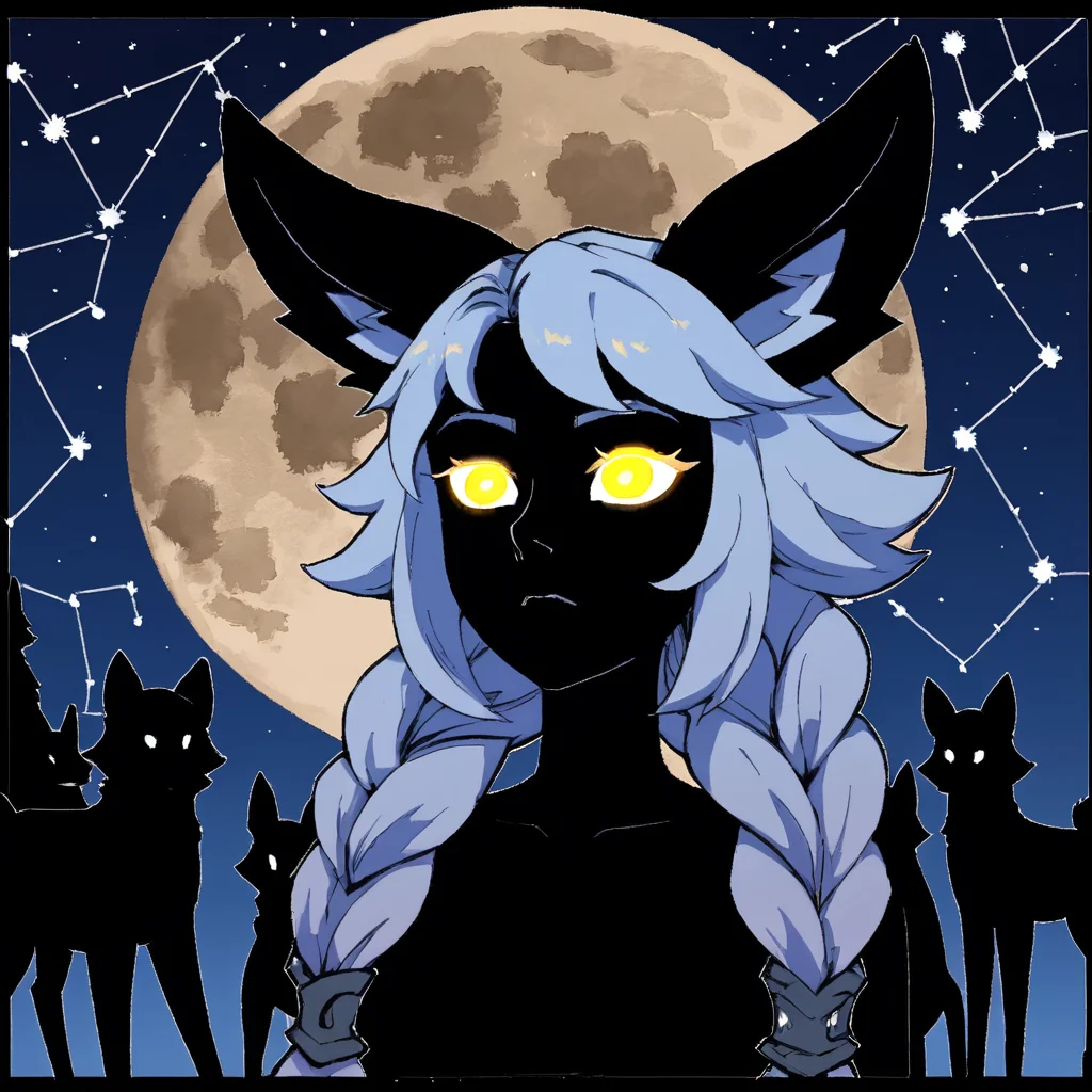 1girl, <lora:Io-11PLDXL:0.8>, ioxl, silhouette, stars, constellation, night sky, oil painting, outline, glowing eyes, braid, moon only, animal silhouette in background, human, wolf, deer, rabbit,