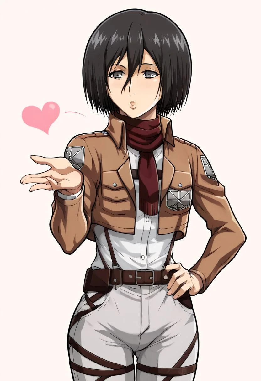 Mikasa Ackermann, Takapiko, attack on titan, short hair, black hair, thicc ass,grey eyes, slight muscle girl, eyes half closed, score_7_up, score_8. score_9, one hand on hip, blowing kiss, heart, 4 fingers 1 thumb, eyes half closed,