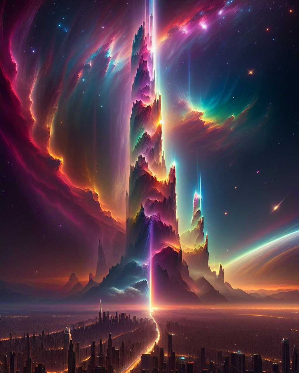 (Masterpiece, Best Quality, Highres:1.2), (photoreal cinematic of a city), background very distant on space a distant rainbow pillar nebula, the night, dark, high fidelity, clarity, realistic, 4k, masterpiece
