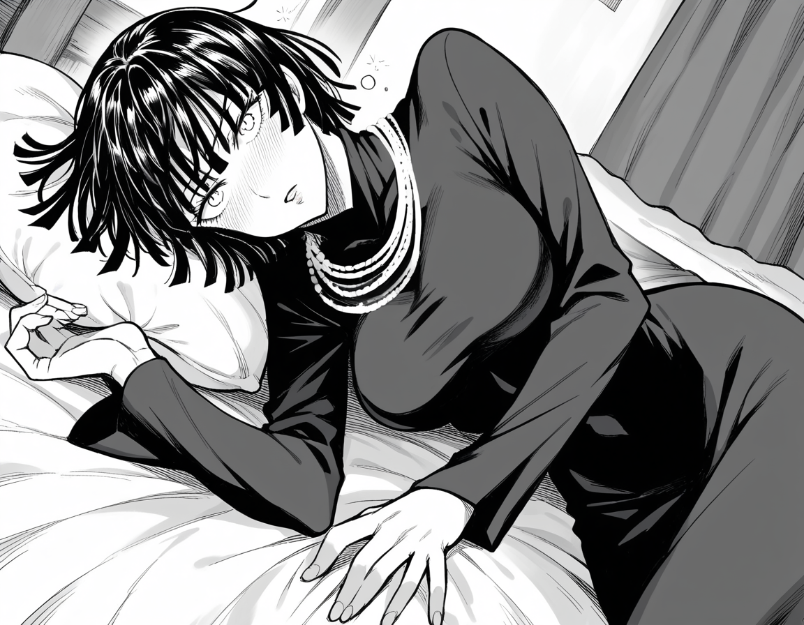 score_9, score_8_up, score_7_up, source_anime,
fubuki, <lora:opm-fubuki-manga-ponyxl-lora-nochekaiser:1>,
fubuki, fubuki \(one-punch man\), black hair, medium hair, monochrome, greyscale,
black dress, dress, high collar, jewelry, necklace, taut clothes, taut dress,
indoors, bed, bed room, on side, blush, drunk,
looking at viewer, cowboy shot, solo, dutch angle,