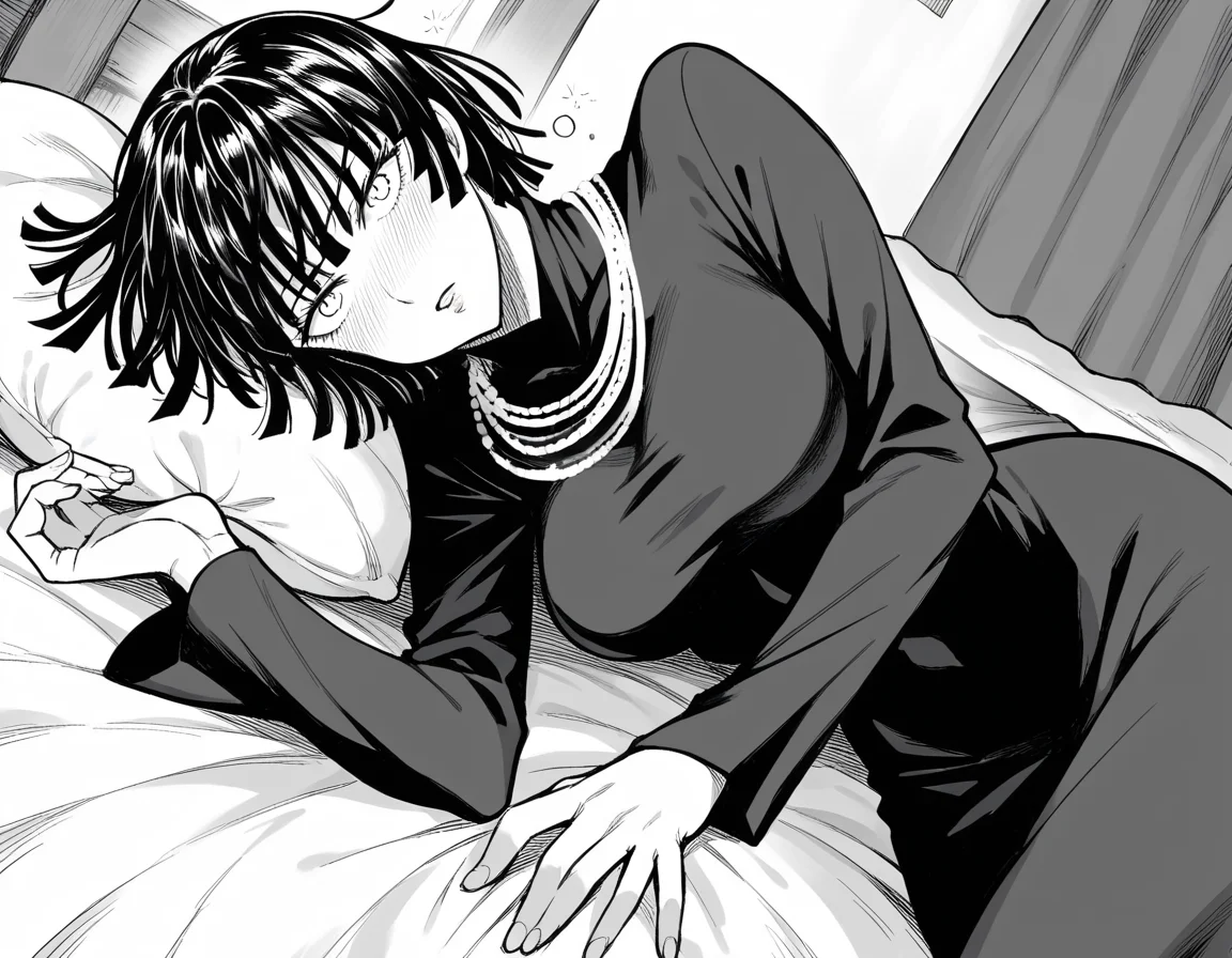 score_9, score_8_up, score_7_up, source_anime,
fubuki, <lora:opm-fubuki-manga-ponyxl-lora-nochekaiser:1>,
fubuki, fubuki \(one-punch man\), black hair, medium hair, monochrome, greyscale,
black dress, dress, high collar, jewelry, necklace, taut clothes, taut dress,
indoors, bed, bed room, on side, blush, drunk,
looking at viewer, cowboy shot, solo, dutch angle,