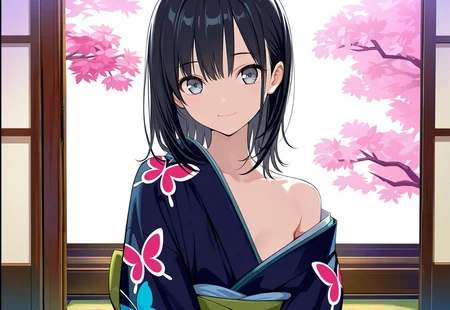 safe_pos, safe_pos, masterpiece,best quality,amazing quality,  Anime stil, Anime Screenshot, Anime art, anime colors, , 1girl
'
Black hair, short shoulder-length hair, stringy hair, large, gentle light grey-blue eyes, cute, gentle, pure, and beautiful, petite and fragile,  thin, petite build, 19 years old,

Wearing a kimono with a colorful butterfly pattern, sitting under a sakura tree, gentle smile, closed mouth, upper body, hair blowing gently in the breeze