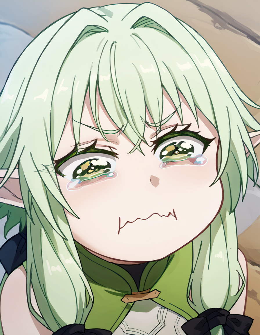 score_9, score_8_up, score_7_up, source_anime, <lora:high-elf-archer-s2-ponyxl-lora-nochekaiser:1> high elf archer, long hair, green eyes, bow, hair bow, black bow, sidelocks, green hair, pointy ears, elf,, <lora:aqua-about-to-cry-ponyxl-lora-nochekaiser:1> crying aqua, crying aqua (meme), crying, tearing up, tears, wavy mouth,, ,