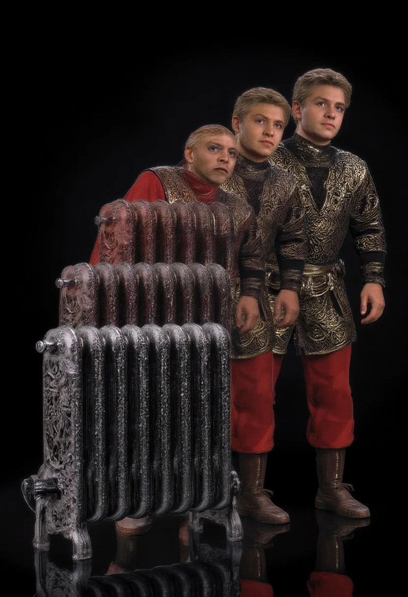 Animorph, man in gothic armor morphing into a cast iron radiator, step-by-step transformation, dark background