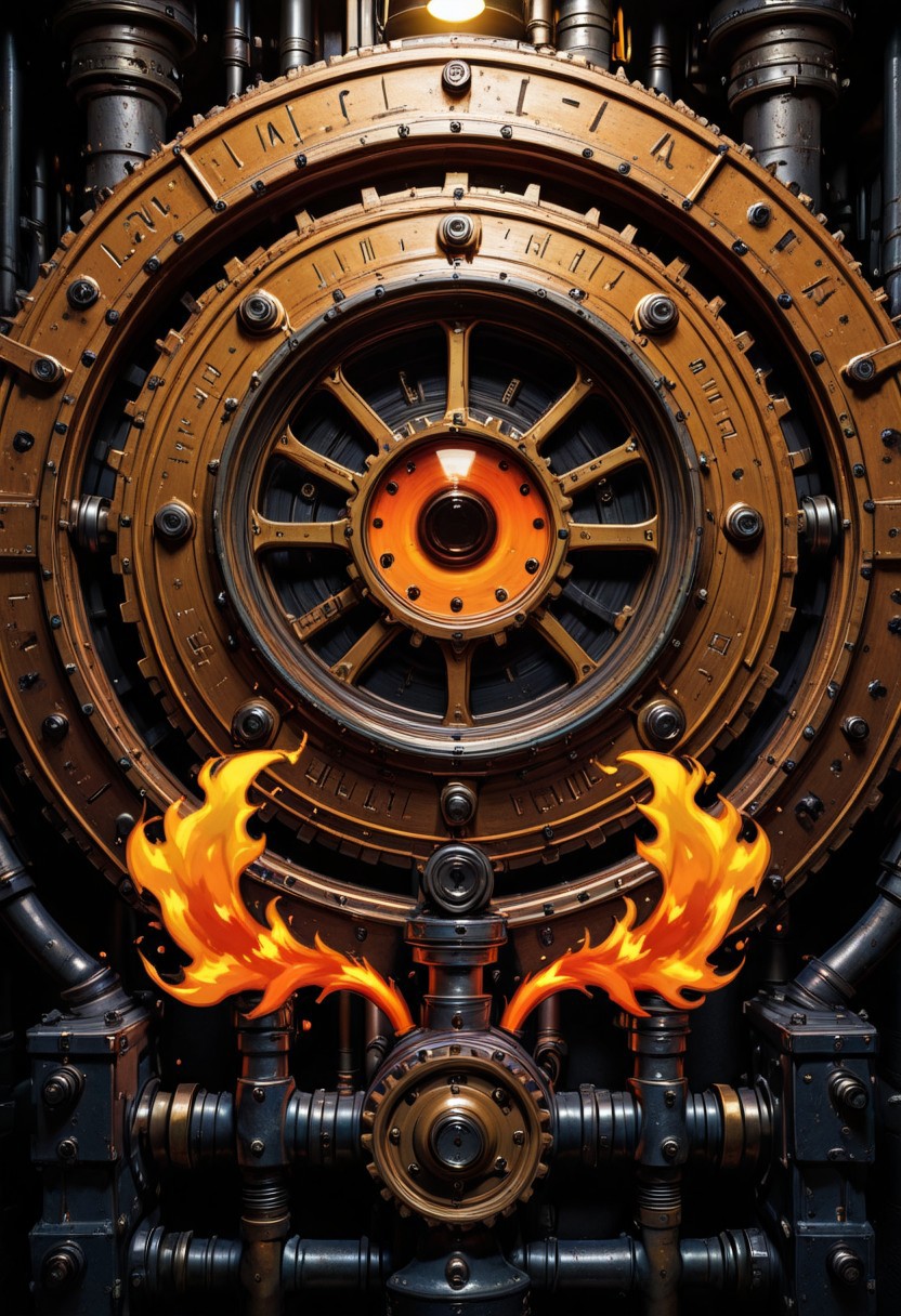 A close-up shot of a striking red-haired woman, her fiery locks framing her angular face as she stands amidst a backdrop of industrial machinery. Her entire body is composed of intricately crafted gears, cogs, and springs, each one visible beneath her skin like a mechanical skeleton. The warm glow of industrial lighting illuminates her features, highlighting the intricate mechanisms that make up her being.