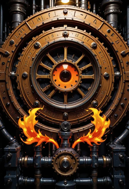 A close-up shot of a striking red-haired woman, her fiery locks framing her angular face as she stands amidst a backdrop of industrial machinery. Her entire body is composed of intricately crafted gears, cogs, and springs, each one visible beneath her skin like a mechanical skeleton. The warm glow of industrial lighting illuminates her features, highlighting the intricate mechanisms that make up her being.