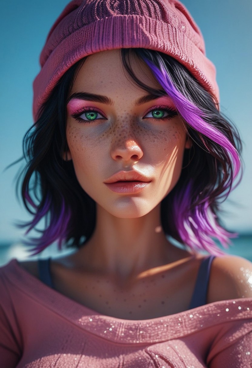 score_9, score_8_up, score_8. score_9, score_8_up, score_7_up, score_6_up, masterpiece, 4k, high quality, (best quality:1.1), BREAK ((solo:1.5)), 1girl, green eyes, black hair, purple highlights, pink eyeshadow, freckles. wearing beanie, off-shoulder sweater, 1dk, d3t41l3d