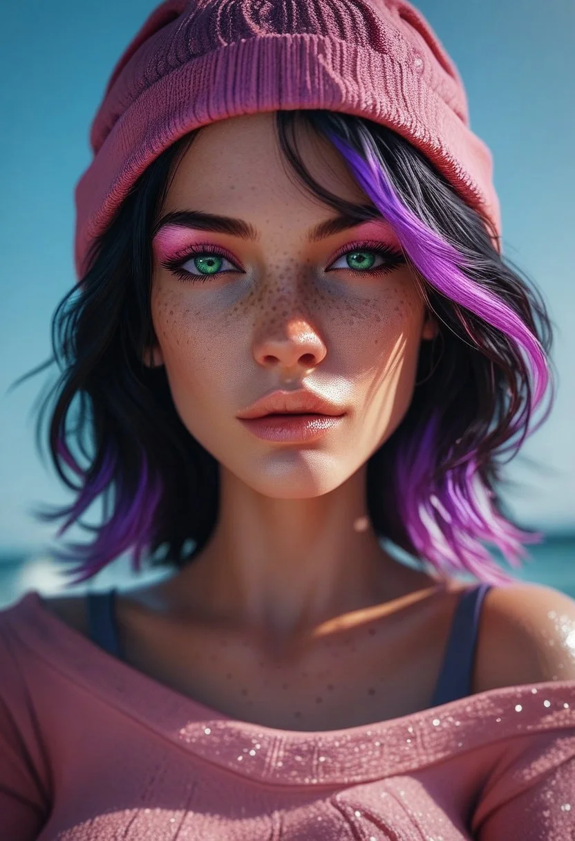 score_9, score_8_up, score_8. score_9, score_8_up, score_7_up, score_6_up, masterpiece, 4k, high quality, (best quality:1.1), BREAK ((solo:1.5)), 1girl, green eyes, black hair, purple highlights, pink eyeshadow, freckles. wearing beanie, off-shoulder sweater, 1dk, d3t41l3d