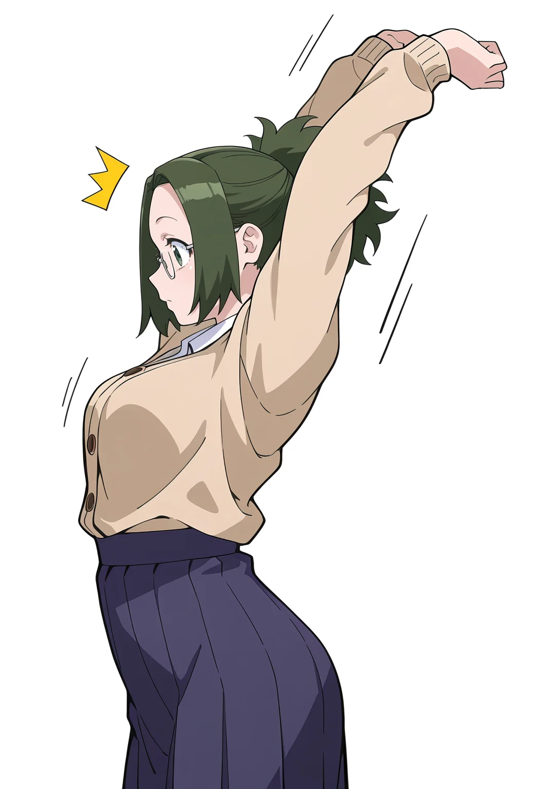 Smooth Quality,masterpiece,very intricate, high quality details, ultra realistic, high detailed skin,
simple background, white background, ^^^,
from side,stretching, arms up, tiptoe, arched back, elegant, ,
solo,
<lora:Agari_Himiko_cnn:0.8> agarihimikocnn,1girl,green eyes, short hair,glasses, ponytail,green hair,
cardigan, ,cardigan, ,high-waist skirt, ,
Kyuuba Melo