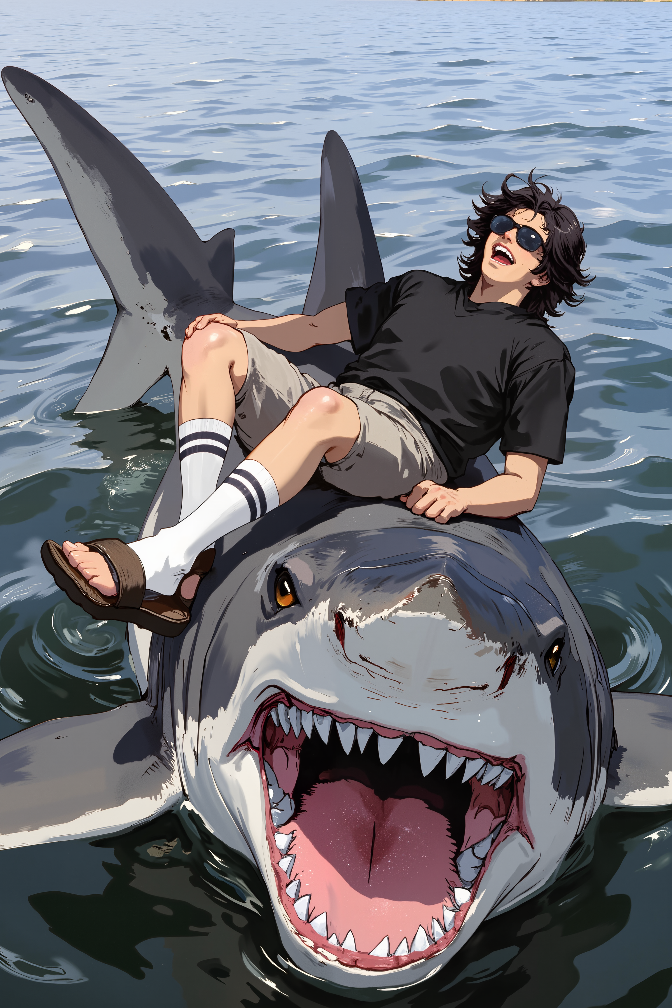 a humorous and surreal scene of a person lounging on the back of a giant shark in a body of water, likely an ocean or lake. The shark is enormous, with a wide open mouth and sharp, menacing teeth, dominating the foreground. The person, a man, is lying on his back with his legs extended, enjoying the unusual ride. He is wearing a black tshirt, and wearing knee-high white socks with two black stripes near the top, and brown sandals. His hair is dark and wavy, and he is wearing sunglasses, adding a sense of casualness and nonchalance to the situation. The background shows calm, expansive water, with no visible land, indicating a remote or isolated location. The texture of the sharkâs skin appears rough and slightly worn, while the water is smooth and reflective, enhancing the contrast between the two subjects.<lora:XRSTYLE_FLUX:0.7><lora:RetroAnimeFluxV1:0.7><lora:MoriiMee_Gothic_Niji_Style_FLUX:0.7>