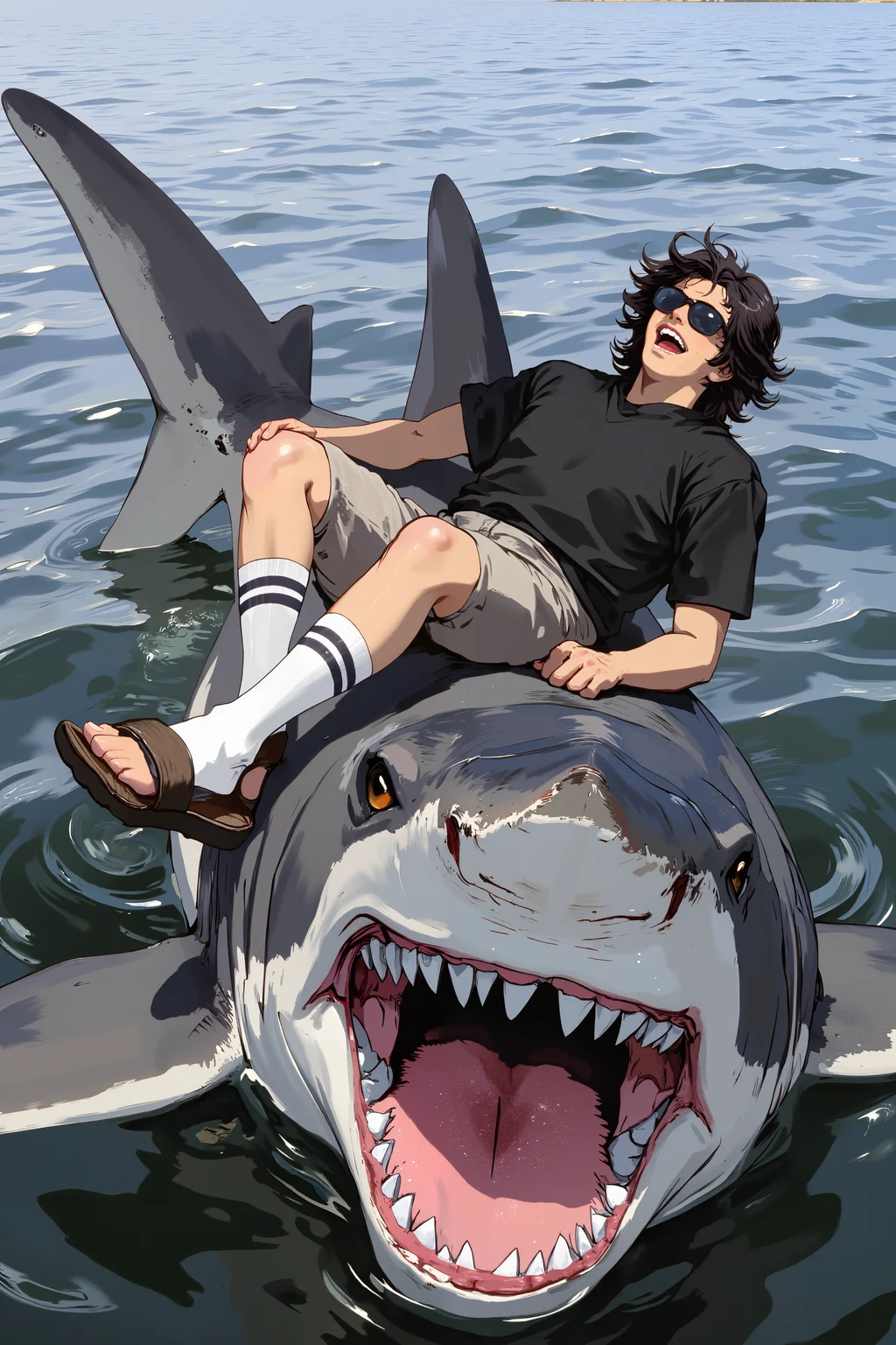 a humorous and surreal scene of a person lounging on the back of a giant shark in a body of water, likely an ocean or lake. The shark is enormous, with a wide open mouth and sharp, menacing teeth, dominating the foreground. The person, a man, is lying on his back with his legs extended, enjoying the unusual ride. He is wearing a black tshirt, and wearing knee-high white socks with two black stripes near the top, and brown sandals. His hair is dark and wavy, and he is wearing sunglasses, adding a sense of casualness and nonchalance to the situation. The background shows calm, expansive water, with no visible land, indicating a remote or isolated location. The texture of the sharkâs skin appears rough and slightly worn, while the water is smooth and reflective, enhancing the contrast between the two subjects.<lora:XRSTYLE_FLUX:0.7><lora:RetroAnimeFluxV1:0.7><lora:MoriiMee_Gothic_Niji_Style_FLUX:0.7>