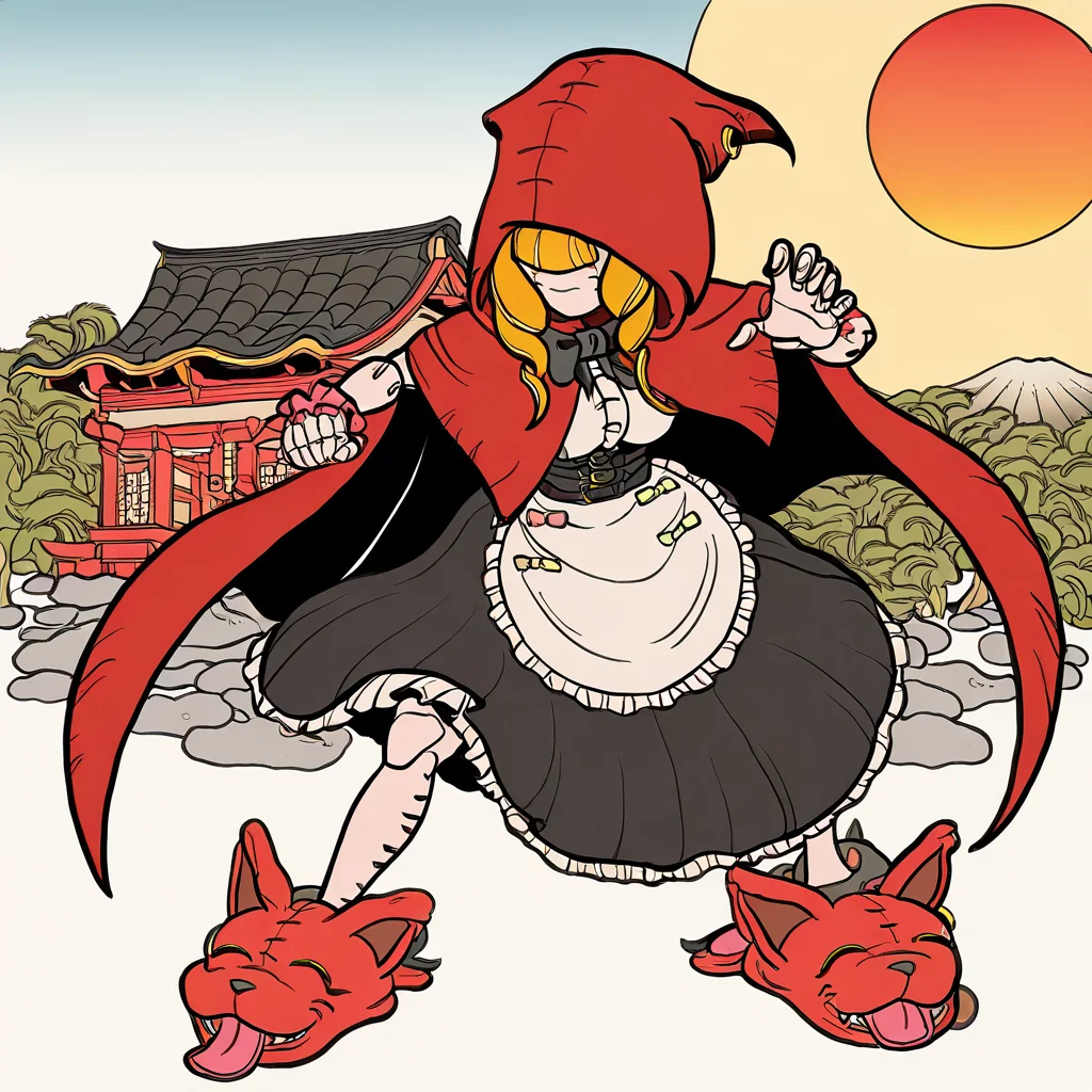 highres, best quality, masterpiece, very aesthetic, newest, <lora:ChaperomonIllustrious-000009:1>,1girl,solo,chaperomon,red hood,ribbon,dress,cape,stitched face,blonde hair, full body,traditional media,fighting stance,animal slippers,ukiyoe,Ukiyo-e,outdoors,japanese architecture,sun,sun lines