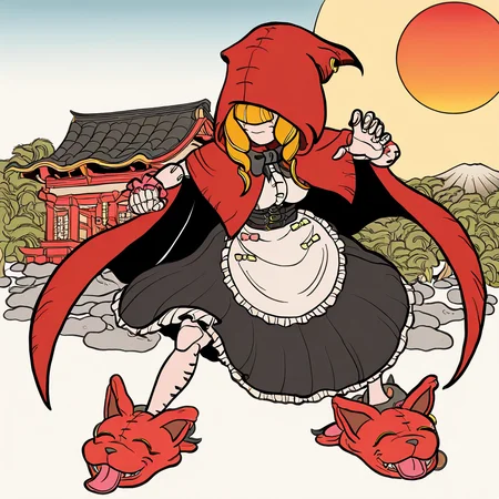 highres, best quality, masterpiece, very aesthetic, newest, <lora:ChaperomonIllustrious-000009:1>,1girl,solo,chaperomon,red hood,ribbon,dress,cape,stitched face,blonde hair, full body,traditional media,fighting stance,animal slippers,ukiyoe,Ukiyo-e,outdoors,japanese architecture,sun,sun lines