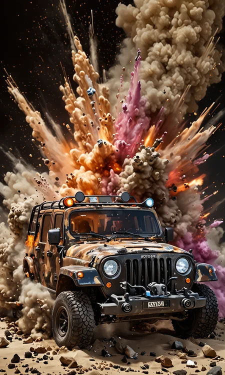 hyperrealistic art (a jeep with hunters:1.1), shots, the sand explodes
<lora:cxp:1.0> cxp style . extremely high-resolution details, photographic, realism pushed to extreme, fine texture, incredibly lifelike