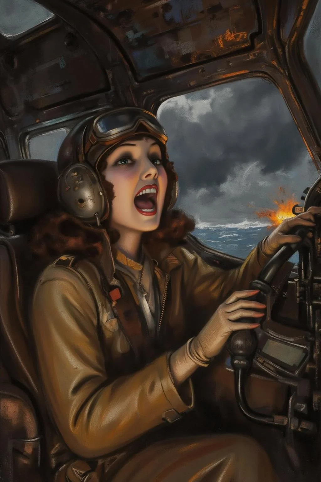 rolfarmstrong1 illustration.
A female pilot screaming inside the cockpit of a World War II bomber. The pilot, wearing a vintage leather flight helmet with goggles and a bomber jacket, grips the controls with white-knuckled hands. Her face is contorted in a mix of fear and determination as she yells, her eyes wide with adrenaline. The cockpit is cramped and filled with old-fashioned dials and gauges, with the outside view showing dark stormy clouds and distant anti-aircraft fire
<lora:rolfarmstrong1_cap_d8a4:1.0><lora:862581591111637417:0>
