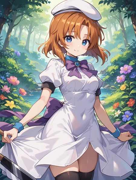 score_9, score_8_up, score_7_up,source_anime,BREAK,
Ryuuguu_rena, beret, black thighhighs, bow, bowtie, dress, hat, puffy short sleeves, puffy sleeves, purple bow, purple bowtie, short sleeves, thighhighs, white dress
<lora:Ryuuguu_rena:1>