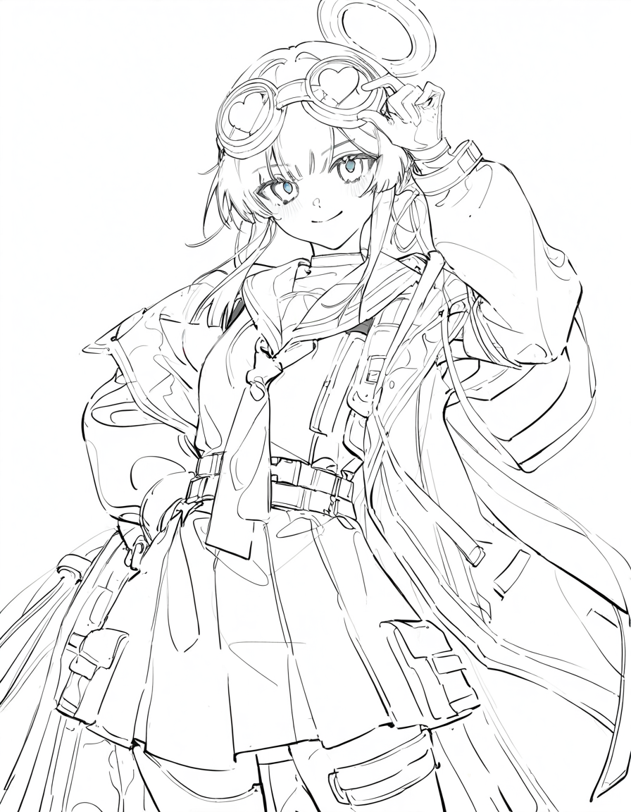 1girl,solo,white background,simple background,looking at viewer,cowboy shot,smile,vsdr.soul,goggles on head,necktie,<lora:vsdr.soul-000012:1>,alternate costume,sailor,, masterpiece, best quality, very aesthetic, absurdres,newest, incredibly absurdres,, artist:yoneyama mai, (artist:wanke:1.1), artist:mocha, (cotton:1.1), artist:date, (senpen:1.1), artist:ciloranko, artist:noyu, noyu23386566, (artist:sho:0.8264462809917354), (sho lwlw:0.9090909090909091), year 2023, (solo:1.3310000000000004), lineart, monochrome