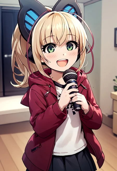 score_4,score_5,score_6,score_7_up,score_8_up,score_9 ((masterpiece,best quality,ultra detailed,highres,HD,4k:1.2)), 
1 girl,solo,face focus,
Joule(GV2),long hair,blonde hair,side locks,multicolored hair,ponytail,hair ornament,butterfly hair ornament,green eyes, 
red hood,red jacket,pleated skirt,black skirt,Hood with cat ears,hood down,
Holding a microphone, Karaoke room, singing,
smile,open mouth,hapy,blush,