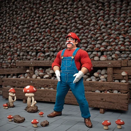 score_9, score_8_up, score_7_up, score_6_up, masterpiece, best quality, 1boy, super mario, mustache, short,red hat,blue overalls, long sleeve red shirt, white gloves, brown shoes, big nose, crotch chop, mushroom kingdom,