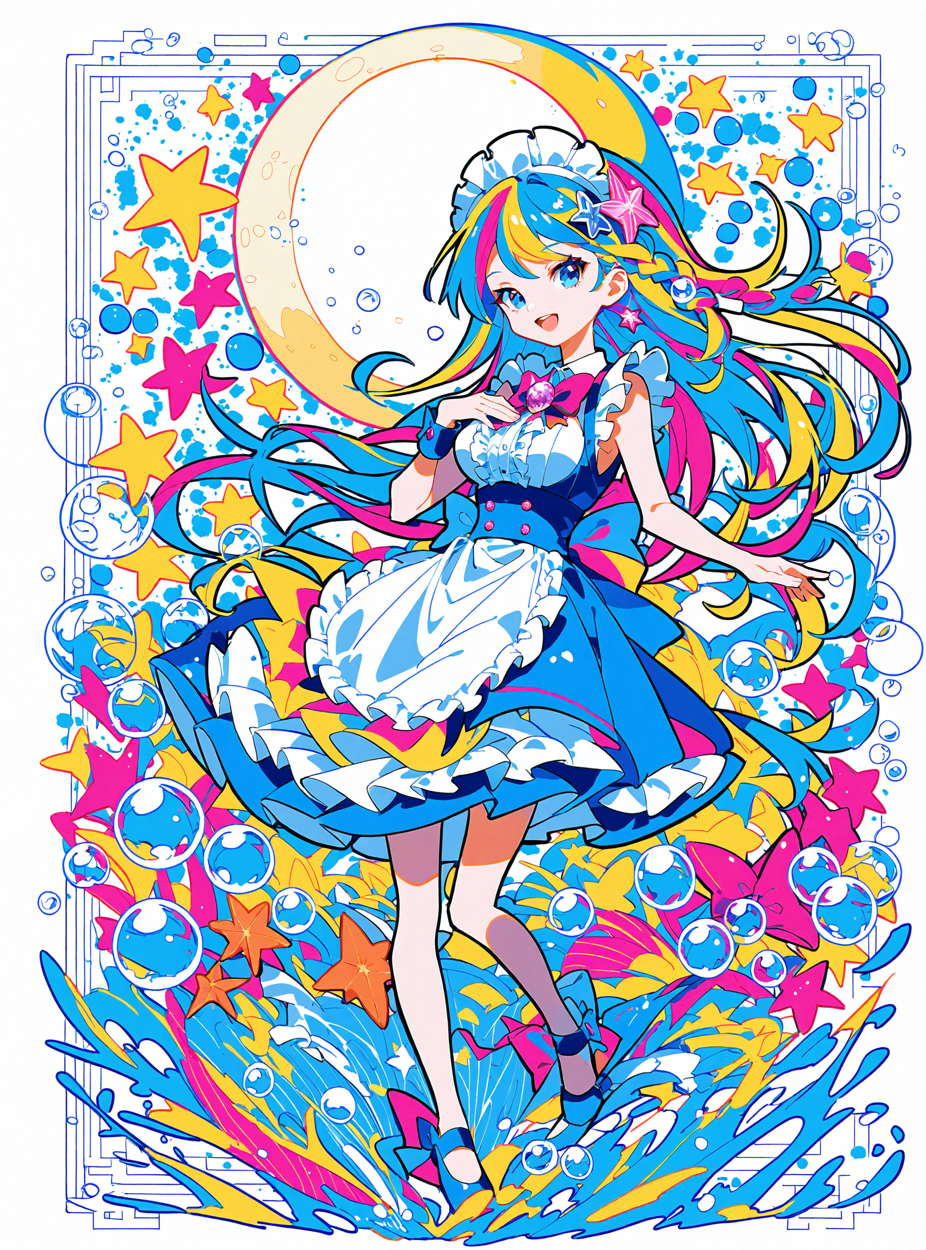 (score_9,score_8_up,score_7_up),
<lora:GIAST STYLE_tpony:0.8>,
,(giast:1.7),(colorful:1.3),(white background:1.2),,flat color, limited palette, low contrast,multicolored hair,
1girl, solo, shell, maid headdress, long hair, apron, smile, open mouth, seashell, star (symbol), blue eyes, crescent moon, moon, pearl (gemstone), signature, looking at viewer, bubble, sleeveless, full body, frills, bangs, hair ornament, jewelry, braid, waist apron, hand on own chest, breasts, star hair ornament, bare shoulders, :d, maid, bow, medium breasts, bare arms, starfish, frilled apron, hand up, beads