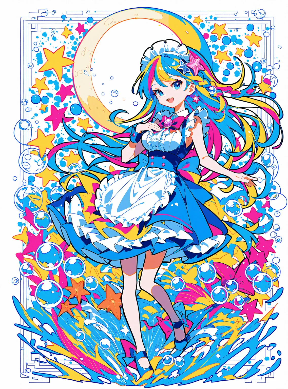 (score_9,score_8_up,score_7_up),
<lora:GIAST STYLE_tpony:0.8>,
,(giast:1.7),(colorful:1.3),(white background:1.2),,flat color, limited palette, low contrast,multicolored hair,
1girl, solo, shell, maid headdress, long hair, apron, smile, open mouth, seashell, star (symbol), blue eyes, crescent moon, moon, pearl (gemstone), signature, looking at viewer, bubble, sleeveless, full body, frills, bangs, hair ornament, jewelry, braid, waist apron, hand on own chest, breasts, star hair ornament, bare shoulders, :d, maid, bow, medium breasts, bare arms, starfish, frilled apron, hand up, beads