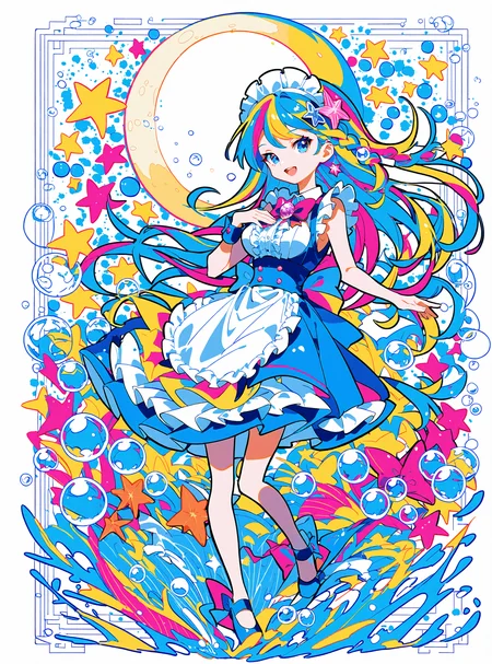 (score_9,score_8_up,score_7_up),
<lora:GIAST STYLE_tpony:0.8>,
,(giast:1.7),(colorful:1.3),(white background:1.2),,flat color, limited palette, low contrast,multicolored hair,
1girl, solo, shell, maid headdress, long hair, apron, smile, open mouth, seashell, star (symbol), blue eyes, crescent moon, moon, pearl (gemstone), signature, looking at viewer, bubble, sleeveless, full body, frills, bangs, hair ornament, jewelry, braid, waist apron, hand on own chest, breasts, star hair ornament, bare shoulders, :d, maid, bow, medium breasts, bare arms, starfish, frilled apron, hand up, beads