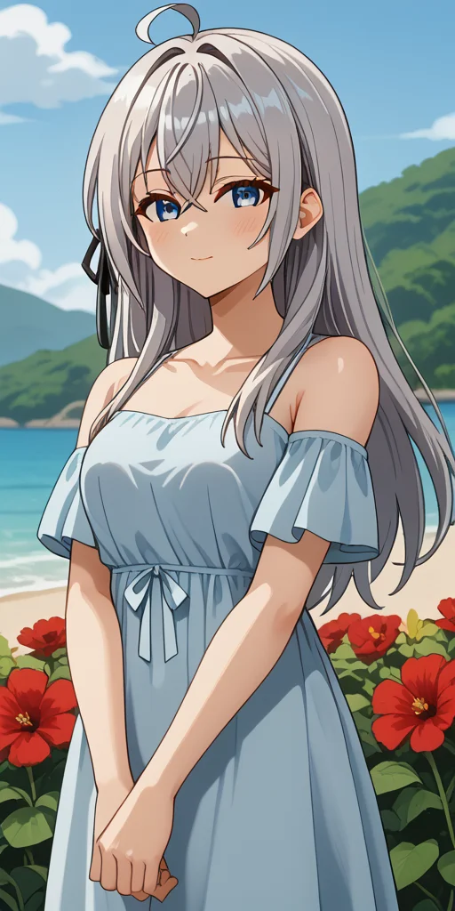 <lora:Alisa_Alya_Mikhailovna_Kujou_from_Alya_Sometimes_Hides_Her_Feelings_in_Russian:1>, summer, Alya, dress, long hair
