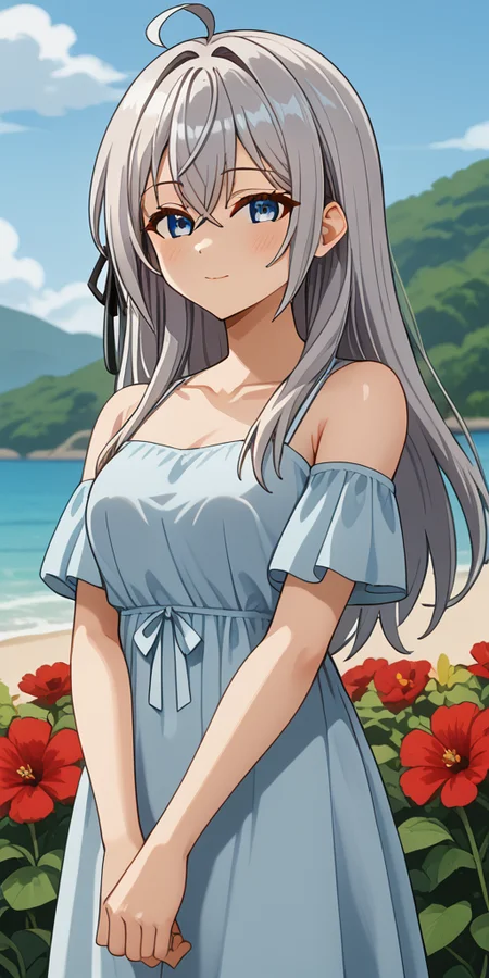 <lora:Alisa_Alya_Mikhailovna_Kujou_from_Alya_Sometimes_Hides_Her_Feelings_in_Russian:1>, summer, Alya, dress, long hair