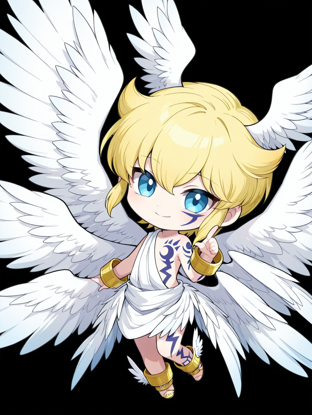 Lucemon,wings,multiple wings,blonde hair,solo,1boy,blue eyes,chibi,male focus,angel wings,black background,feathered wings,simple background,full body,angel,tattoo,head wings,smile,white wings,<lora:Lucemon:0.8>,, masterpiece,best quality,amazing quality,