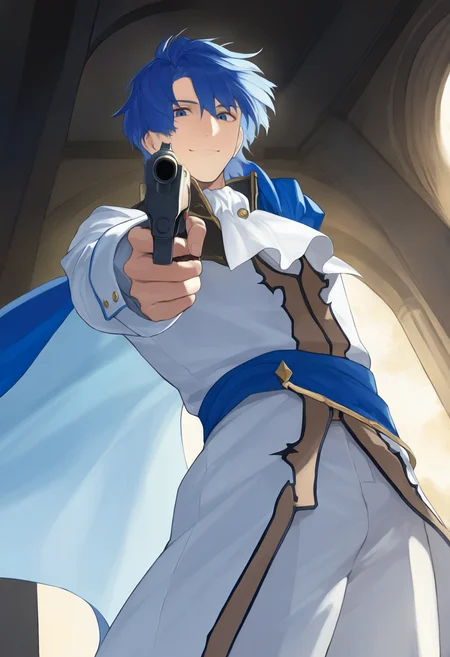 masterpiece, best quality, solo, 1boy, smile, looking at viewer,  <lora:Sigurd-illus_Fp:1>, sigurdfe4, blue eyes, blue hair, short hair, white coat, white pants, ascot, collar, armor, blue cape, long sleeves, aiming, holding gun, aiming at viewer, handgun, from below,