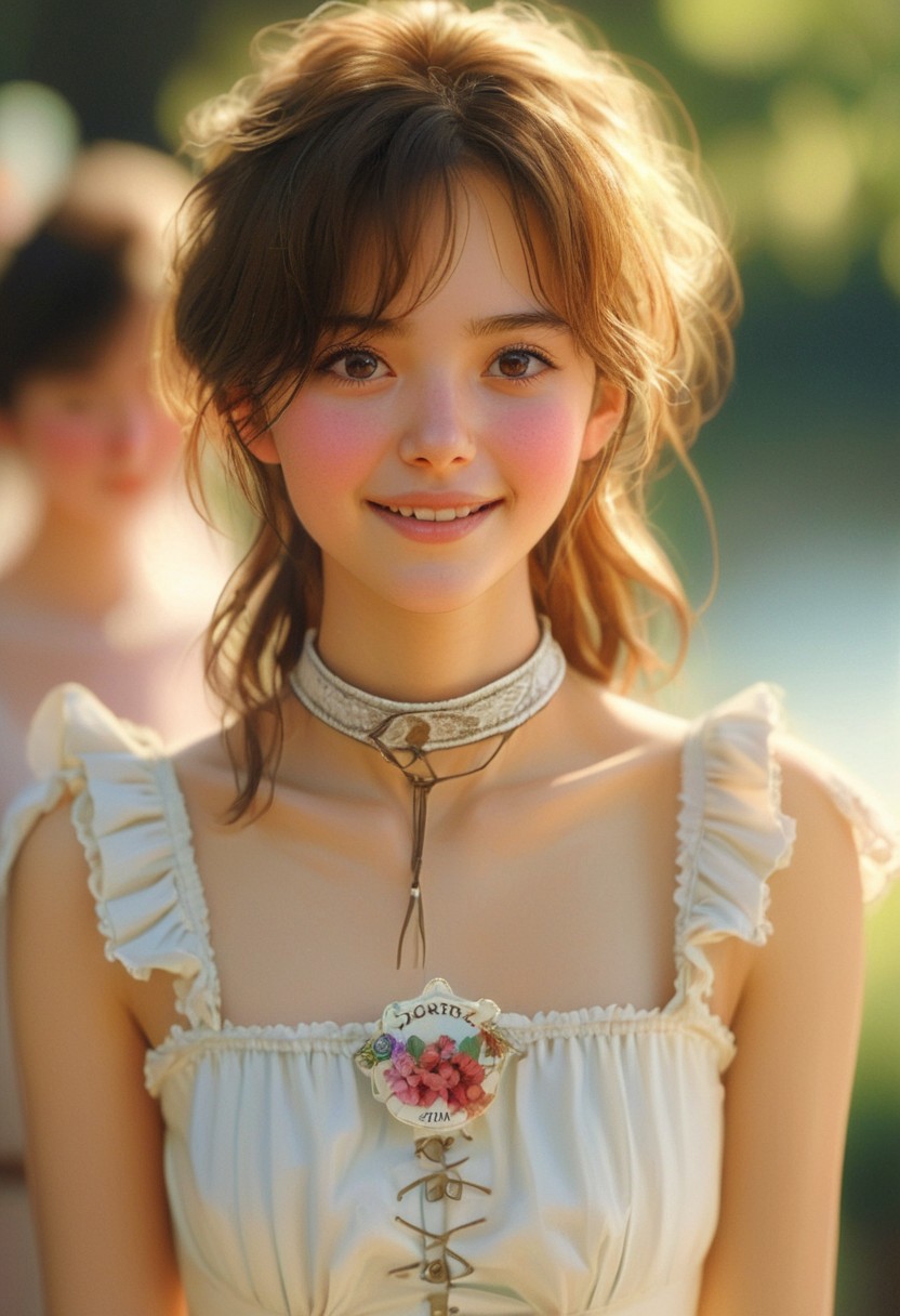 onoff, a group of Victorian girls in playsuits, smiling shyly, shy, shy women with downcast eyes, beautiful vista, downcast, collar choker with name tag, tied up hair, pale skin, bokeh, sharp focus on subject, fullbody,