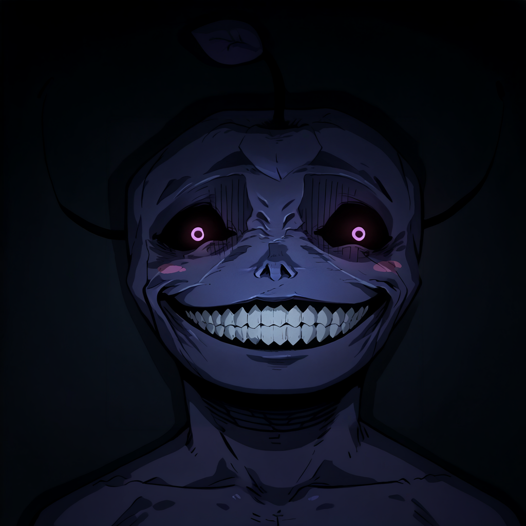 score_9, score_8_up, <lora:NSJunimoStardew:1> NSJunimoStardew, purple skin, blush stickers, no mouth, solid circle eyes, black eyes, sprout on head, creature, no humans, stare, looking at the viewer,  <lora:SoloStatueGodGrin-closrem-v2:1> solgo, sharp teeth, evil grin, black sclera, glowing eyes,