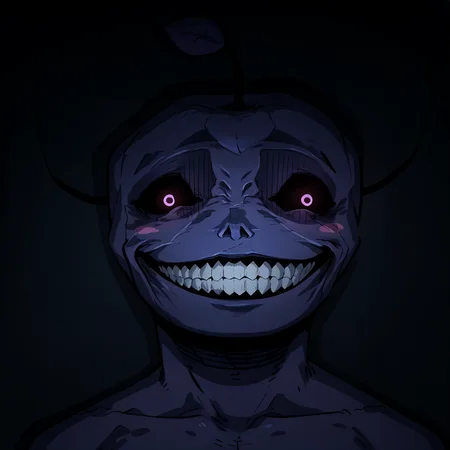 score_9, score_8_up, <lora:NSJunimoStardew:1> NSJunimoStardew, purple skin, blush stickers, no mouth, solid circle eyes, black eyes, sprout on head, creature, no humans, stare, looking at the viewer, <lora:SoloStatueGodGrin-closrem-v2:1> solgo, sharp teeth, evil grin, black sclera, glowing eyes,