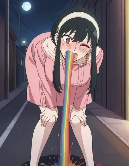 masterpiece, best quality, amazing quality,, <lora:yor-briar-s1-illustriousxl-lora-nochekaiser:1>, yor briar, black hair, red eyes, earrings, white hairband, hairband, long hair, sidelocks, large breasts, anime screencap, <lora:vomiting-rainbows-illustriousxl-lora-nochekaiser:1>, vomiting rainbows, vomiting, vomit, rainbow, looking at viewer, one eye closed, blush, open mouth, bent over, hands on own thighs, torogao, full body, solo, , casual dress, skirt, outdoors, street, alley way, night, moon, night sky, street lights