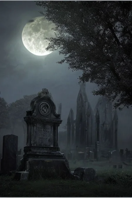 1bird+++, black raven+++, bright glowing yellow eyes, sitting on tombstone, irish graveyard, irish church ruins in background, full moon, clouds, trees, mist, fog, backlight, gloomy