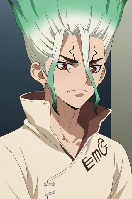 score_9, score_8_up, score_7_up, source_anime, anime screencap, , official style, , upper body, , 1boy, solo, male focus, <lora:senkuu_ishigami_pony:0.76>, senkuu_ishigami, green hair, red eyes, multicolored hair, two-tone hair, white hair, facial mark, vampire costume, gradient, , <lora:sdxl_lightning_8step_lora:1>