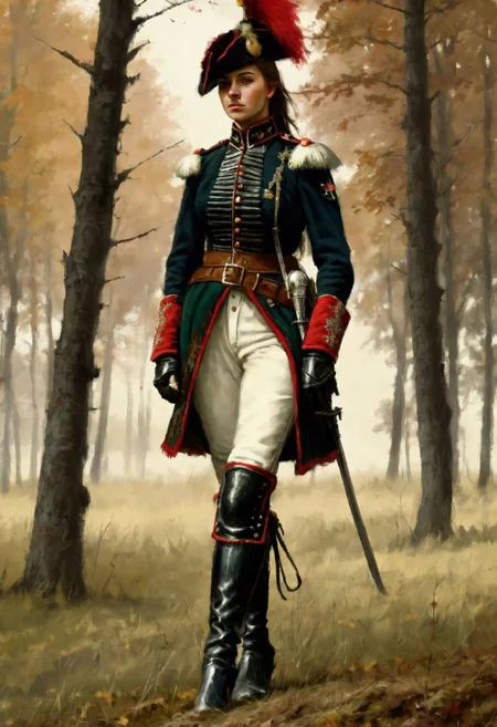 beautiful slim large-breast young female Hungarian hussar, long boots, digital painting in jrst artstyle