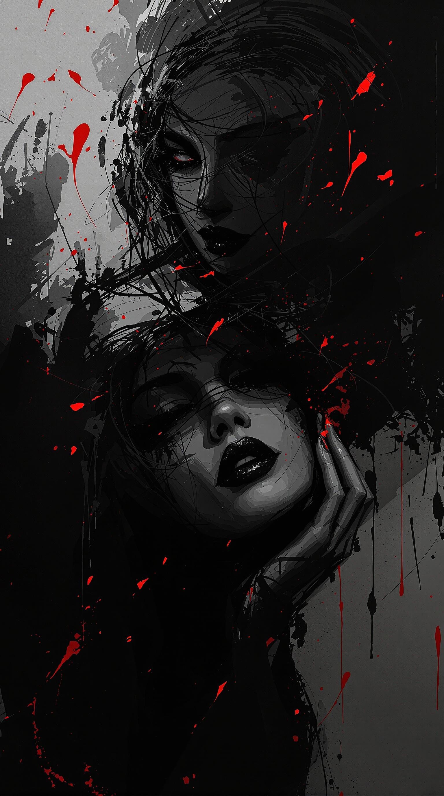 "Create a minimalistic digital painting of a seductive woman, using a dark color palette of black and red. The painting should be abstract, with bold and expressive brush strokes that add a sense of drama and mystery. The woman should be depicted with a sultry, enigmatic expression, her form blending into the dark, abstract background. The contrast should be dramatic, with deep shadows and intense highlights that create a visually captivating and hauntingly beautiful scene. The overall atmosphere should be dark fantasy, evoking a sense of sultry mystery and darkness. The painting should be 4k high quality, suitable for a visually stunning wallpaper, with a dark and visually compelling aesthetic."