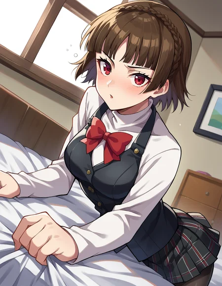 score_9, score_8_up, score_7_up, source_anime,
makotonijima, <lora:makoto-nijima-ponyxl-lora-nochekaiser:1>
makoto nijima, blunt bangs, braid, brown hair, crown braid, red eyes, short hair,
black pantyhose, black skirt, black vest, bow, checkered clothes, checkered skirt, long sleeves, miniskirt, pantyhose, plaid, plaid skirt, pleated, pleated skirt, red bow, school uniform, shirt, shuujin academy school uniform, skirt, sweater, sweater vest, turtleneck, turtleneck sweater, vest, white shirt, white sweater,
indoors, bed, bed room, on side, blush, drunk,
looking at viewer, cowboy shot, dutch angle,
