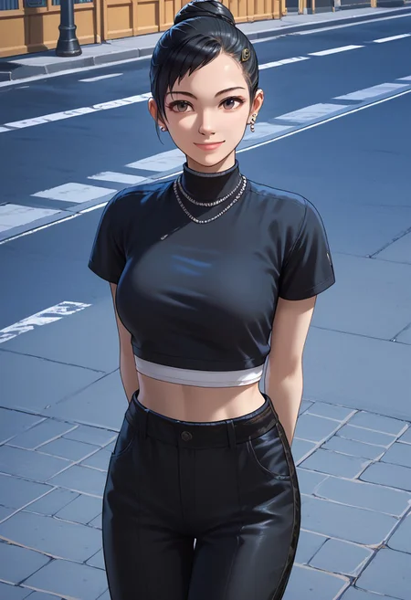 score_9, score_8_up, score_7_up, source_anime, 1girl, chitose, solo, black hair, necklace, earrings, hair bun, smile, street, large breasts, midriff, pants, cowboy view, looking at viewer, arms behind back, leaning forward