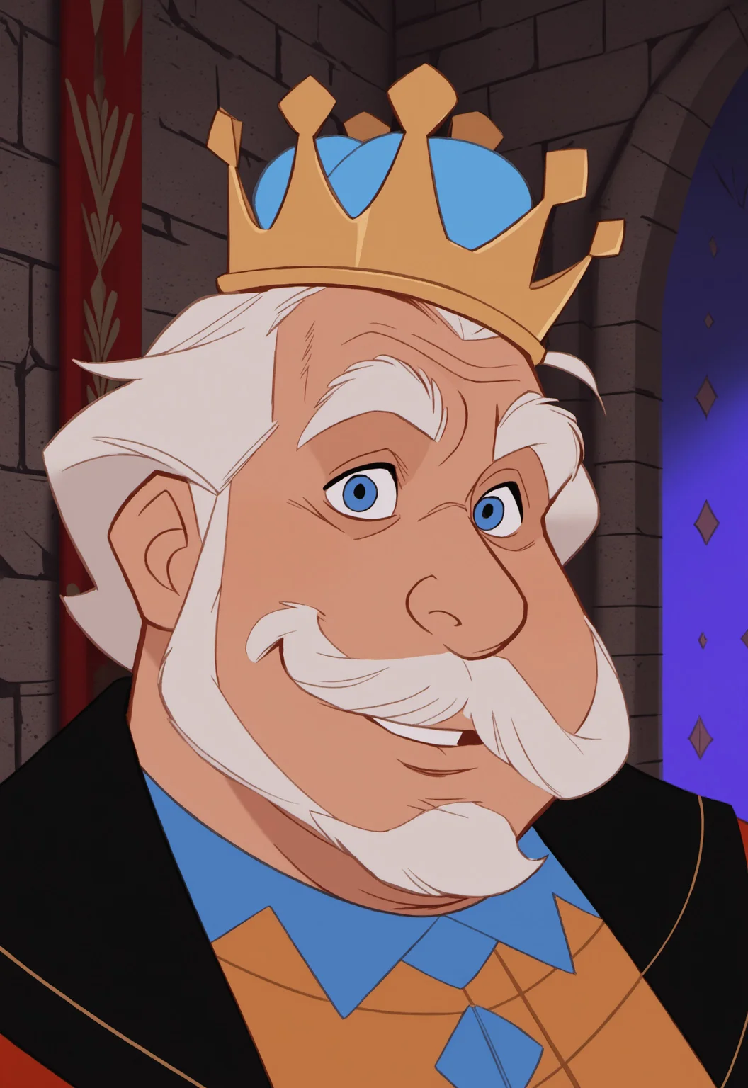 safe_pos, safe_pos, score_9, score_8_up, score_7_up, rating_nsfw, ultra hd, absurdres, masterpiece, best quality, best aesthetic, solo, 1boy, male focus, erotic, mature male, Expressiveh, wolfconf,
DisneyKingHubert, facial hair, white hair, crown, mustache, fat, black yellow and red robes, disney art style, castle, (zoomed in), (portrait), headshot, smiling, looking at viewer