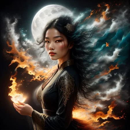(Masterpiece, high quality, best quality, official art, beauty and aesthetics:1.2), composed of fire elements, extremely detailed Alcohol ink, windy, rimlit, beautiful Chinese goddess wearing a dissolving hanfu in flames, silhouetted and backlit by the light of a huge full moon. Holding a transparent, lacy Kung fu fan. Backlight shines through her long, wavy black hair. A long, delicate, transparent, ornate, intricate silk gown caught by the breeze trails out around her. The gown is on fire, giving off flames and sparks, and dissolves into tendrils and swirls of smoke dispersing in the breeze. Rim lighting highlights her diaphanous gown. Long tresses of swirling black hair, luxurious and wavy, backlit by the light of the full moon, with rim lighting highlighting its intricate details. A delicate, transparent kung fu fan, elaborately decorated with lace and floral patterns, on fire. She fans the smoke, and sparks. A black background with a huge full moon provides ethereal backlighting, shining through the silk gown and hair of the goddess. A mystical night scene with flowing light strands and sparks against a black background. Swirling particles of light surround the goddess. Dominant colors of cream, amber, scarlet, ember, teal, and black, creating a beautiful, mysterious, and ethereal atmosphere.
