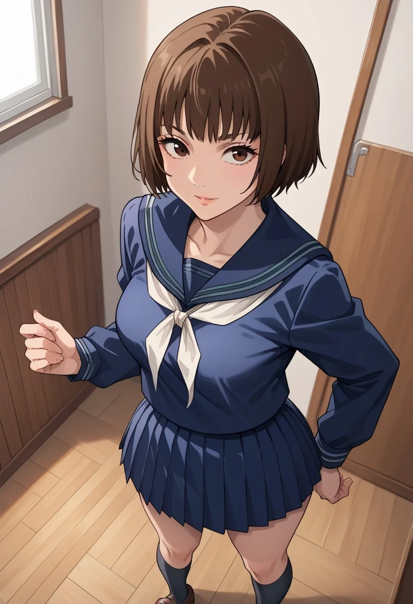 score_9_up, score_8_up, score_7_up, score_6_up, score_5_up, score_4, source_anime, 1girl, brown hair, short hair, bangs, brown eyes, school uniform, blue serafuku, sailor collar, blue skirt, pleated skirt, black socks, brown loafers
solo, cinematic lighting, dynamic angle, unique angle, skin tight, looking at viewer, bedroom, medium breasts, big butt, hips, thighs, above view, standing, smile
