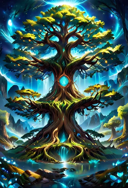 A captivating night scene illustration Yggdrasil tall on a large snowy mountain overlooking a lake. lthndrtrl, Yggdrasil, emits a warm glow, highlighting its incredible magic and grandness. The snowy hill is covered in great pine trees, reflecting on the calm, moonlit snow that mirrors the silvery moonlight. The full moon graces the sky, casting an ethereal glow on the clouds and mountain, while wispy clouds partially obscure its brilliance, adding to the scene's mystique. Twinkling stars dot the sky, creating a celestial tapestry that harmonizes with the moon's radiance. This enchanting artwork captures a serene and peaceful night, where the illuminated Yggdrasil stands resolute amidst the celestial beauty, creating a cinematic experience., illustration, cinematic, lthndrtrl, Yggdrasil
<lora:DonM3t3rn1tyXL-v1.1:0.7>, DonM3t3rn1tyXL,
OverallDetailXL <lora:MJ52:0.3> <lora:SDXLFaeTastic2400:0.4> <lora:EpicF4nta5yXL:0.7>