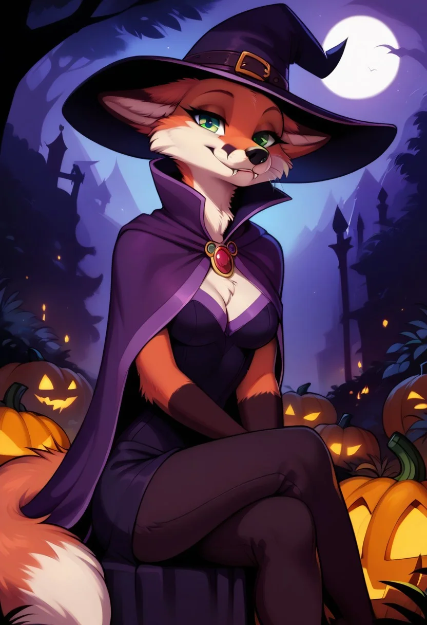 score_9, score_8_up, score_7_up, highres, high quality, perfection,
BREAK
1girl, (solo: 2.0), girl alone, front view, halloween,
BREAK
furry female, fox girl, (anthro fox girl: 1.2), beautiful girl, cute girl, adult, 20 years old, detailed body, detailed fur, shapely girl, (slim body: 1.2), petite body, (bald_girl: 1.2), (baldness: 2.0), detailed face, beautiful face, eyelashes, (green eyes: 1.2), perfect eyes, detailed eyes, fangs, whiskers, medium breasts, fluffy tail,
clothed, (wizard: 1.3), purple robe, purple dress, high collar, cape, purple wizard hat, pendant with green gem,
(sitting on pumpkin: 1.4), legs crossed, smiling, looking at viewer,
BREAK
outdoors, detailed background,