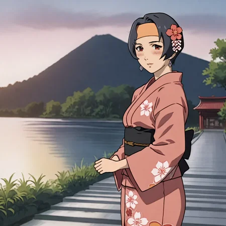 <lora:Haruka_pony_v1:1> Haruka, 1girl, solo, short hair, red eyes, black hair, headband, earrings,  cowboy shot,, japanese clothes, kimono, hair ornament, blush, hair flower, pink kimono, sash, obi, floral print, wide sleeves